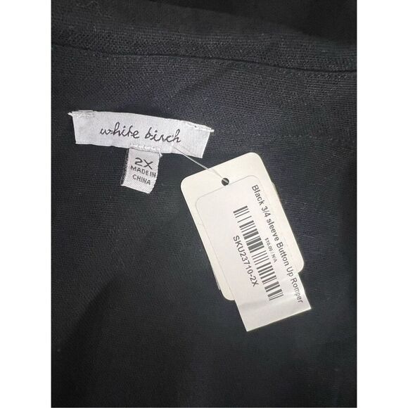 Women Black 3/4-Sleeve Romper Plus Size 2X Linen Blend Button Up Elastic-Waist - Picture 8 of 12